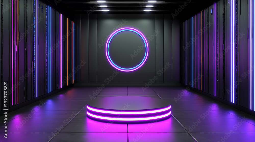 Poster dynamic neon stage setup for events futuristic venue digital art display dark environment wide angle