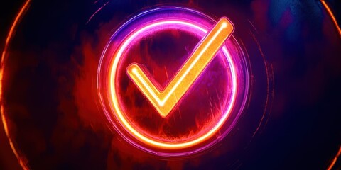 A glowing red and orange check mark is displayed in a dark blue background