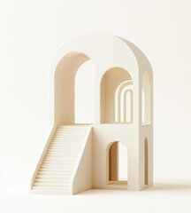 Minimalist archway structure with stairs against a white background