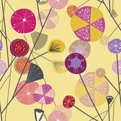 Seamless floral pattern based on traditional folk art ornaments. Colorful flowers on color background. Scandinavian style. Sweden nordic style. Vector illustration. Simple minimalistic pattern.