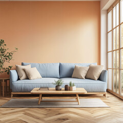 Fototapeta premium Cozy Living Room with Light Blue Sofa and Natural Wood Elements