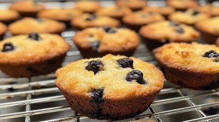 A close-up of freshly baked muffins on a cooling rack, with chocolate chips and blueberries