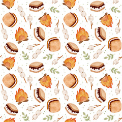 Watercolor seamless pattern with bonfire, cookies, marshmallow and green sprigs on white