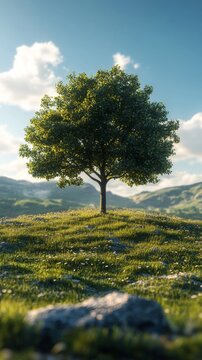 one lone tree on a green grassy hill with blue sky and clouds
