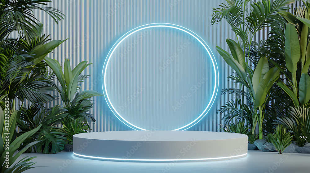 Poster modern minimalist stage setup with neon circle tropical plants 3d render studio environment front vi