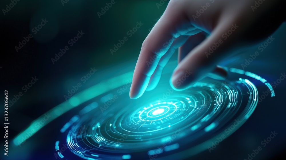 Poster a hand reaches towards a glowing, circular interface, suggesting interaction with advanced technolog