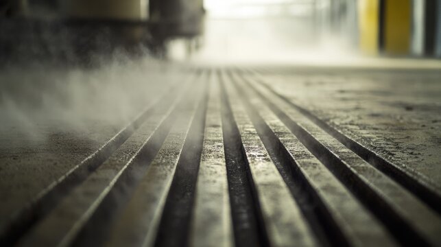 Wisps of steam rise from parallel tracks across a gritty concrete floor, creating a mysterious and industrial scene.