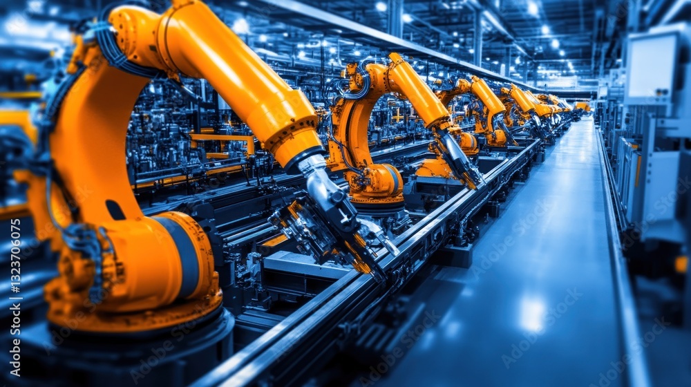 Aufkleber assembly line of advanced robotic arms in a modern factory