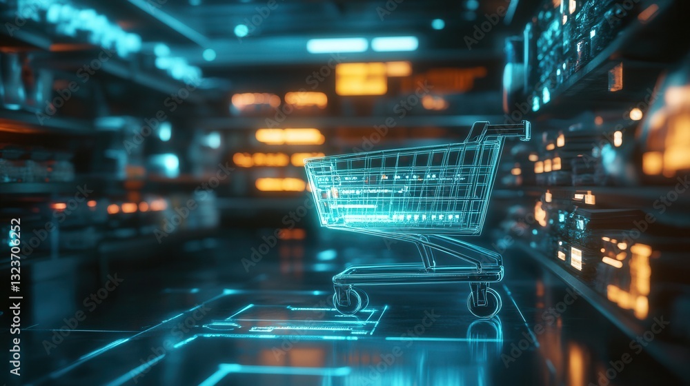 Poster floating futuristic shopping cart in digital space with glowing holographic interface and cyberpunk 