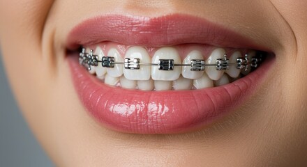 Obraz premium A close-up of smiling mouth with metal braces on aligned white teeth