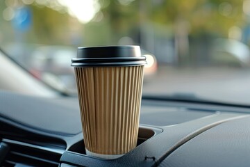 high resolution image of Takeaway paper coffee cup in holder inside car