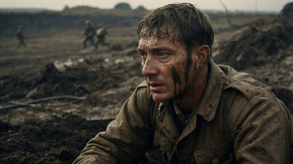 Fototapeta premium Close-up of a mud-covered soldier in a trench on the battlefield, other soldiers in background.
