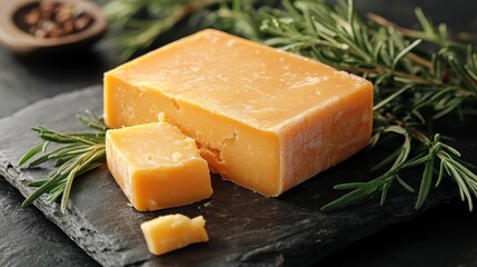 A vibrant display of artisanal cheddar cheese, its golden hue contrasting beautifully with the verdant freshness of herbs, inviting culinary creativity and delicious flavor profiles.