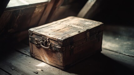 Fototapeta premium A wooden chest lies beneath soft light in an attic, radiating a sense of hidden stories and untold treasures waiting to be discovered.