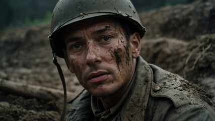 Fototapeta premium A soldier with a mud-covered face looks battle-worn and determined in a trench.