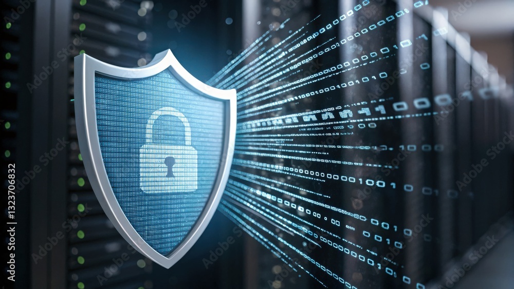 Aufkleber cyber security ransomware prevention concept. digital shield symbolizing cybersecurity in a data cen