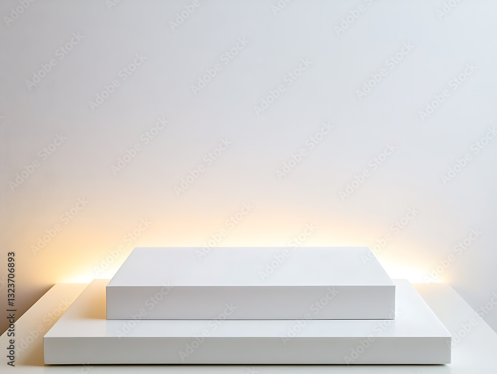 Poster minimalist display setup featuring white platforms modern gallery digital art showcase clean environ