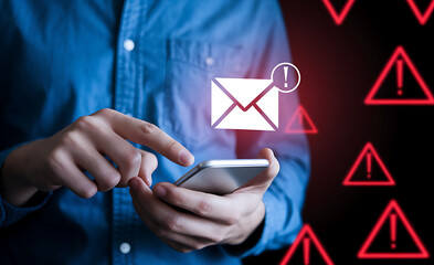Spam or Phishing Email Alert – Glowing Red Email Notification on Smartphone, spam email alert, phishing email warning, cybersecurity awareness, email scam notification