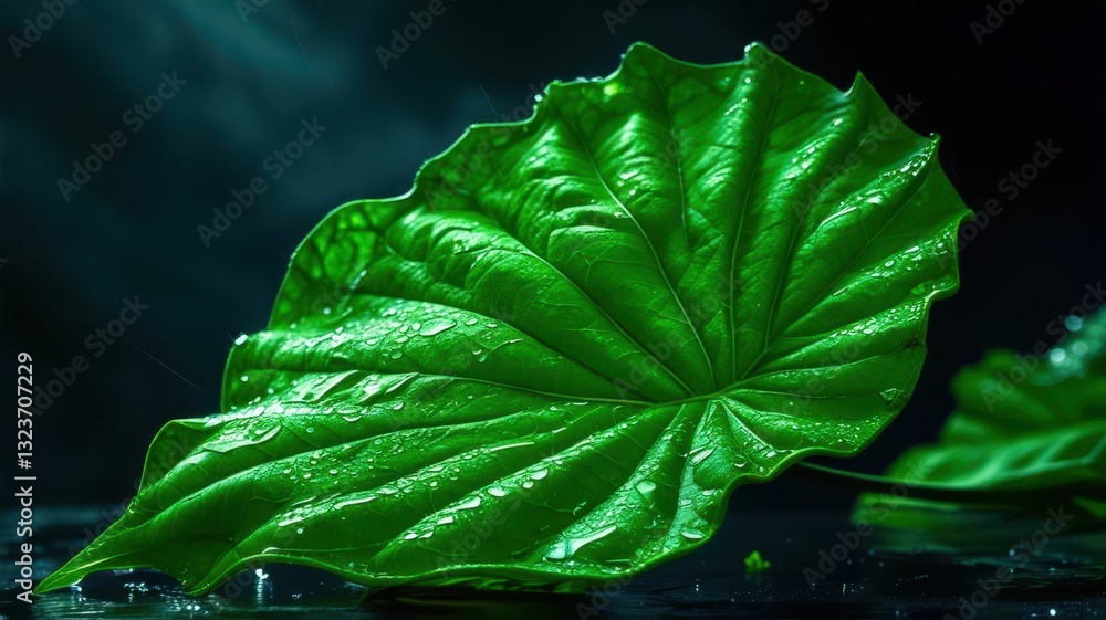 Poster a leaf is shown in a dark background with water droplets on it