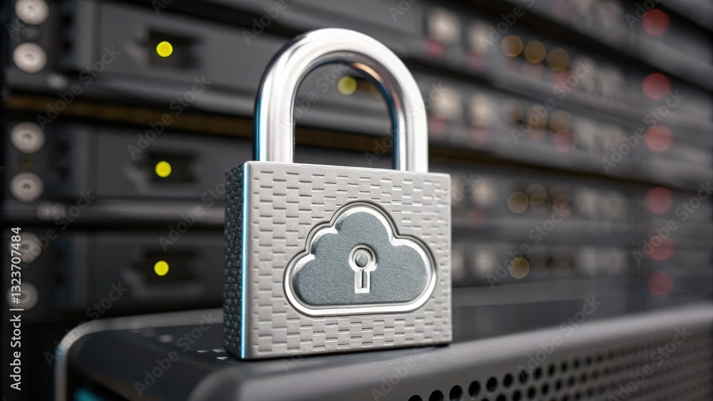 Aufkleber cyber security ransomware prevention concept. secure cloud storage with a padlock on a server backgr