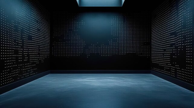 A large empty room with a blue wall and a black ceiling