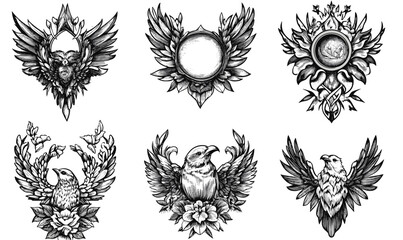 Obraz premium Ornate eagle and bird crest icons set, decorative shields with wings and flowers, linear vector.