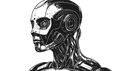 Futuristic robot head with intricate details, cybernetic design, flat icons set vector.