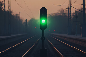 Green Light for the Journey: An illuminated green signal stands tall amidst a foggy, misty railroad landscape, guiding the way forward. The photograph evokes a sense of direction, hope.