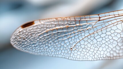 A close-up of dragonfly wings exhibits a network of cellular structures, presenting an artistic, natural design of delicate beauty and symmetry.