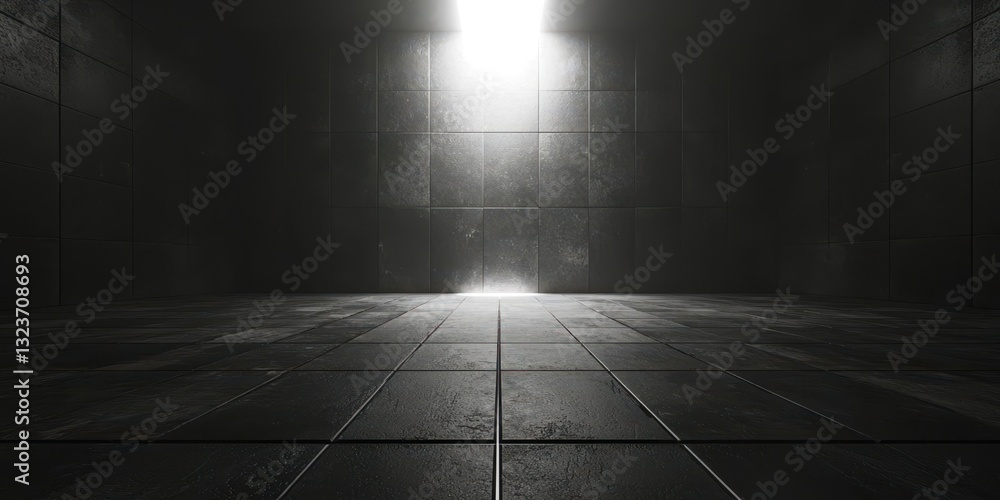 Poster a dark room with a light shining through a window