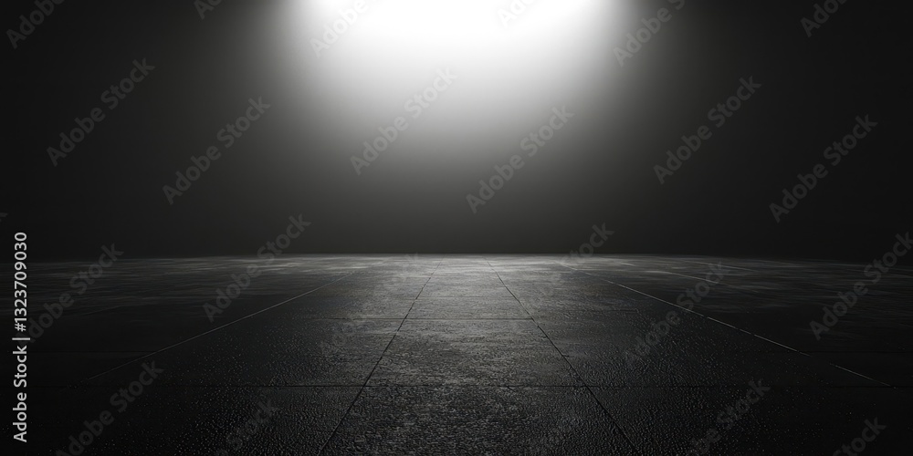 Poster a dark, empty room with a large light shining down on it