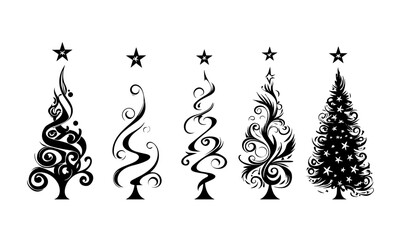 Decorative christmas tree designs in flat style - vector icons set.