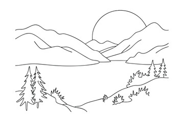 Serene Sunrise Mountain Lake Landscape Line Art Drawing Sketch