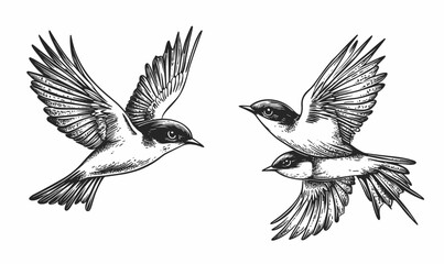 Fototapeta premium Swallows in flight vector; linear birds icons set.