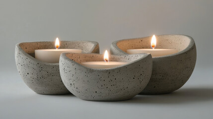 A trio of artisan-crafted concrete candle holders, each with a distinct shape and natural surface texture. The muted color palette consists of soft grays and earth tones, with small speckles and raw