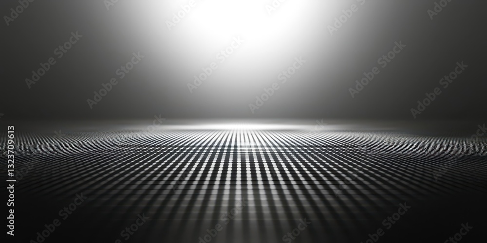 Poster a black and white photo of a large empty room with a white light shining on it
