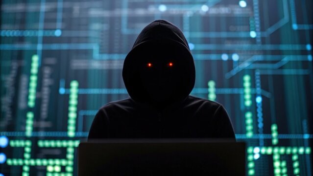 cyber security ransomware prevention concept. Dark figure with glowing eyes against a digital backdrop.