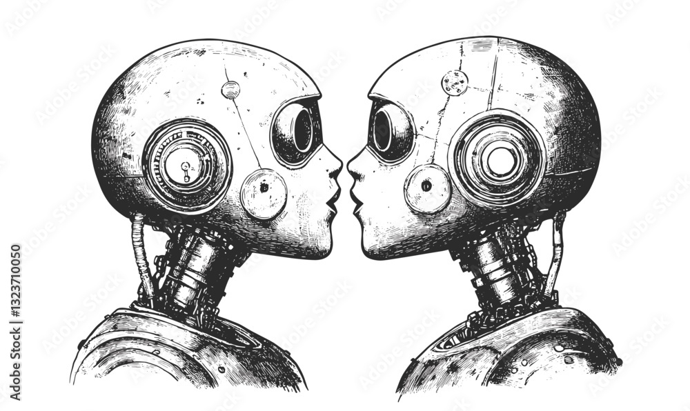Poster kissing robots face-to-face in linear style icons set vector.