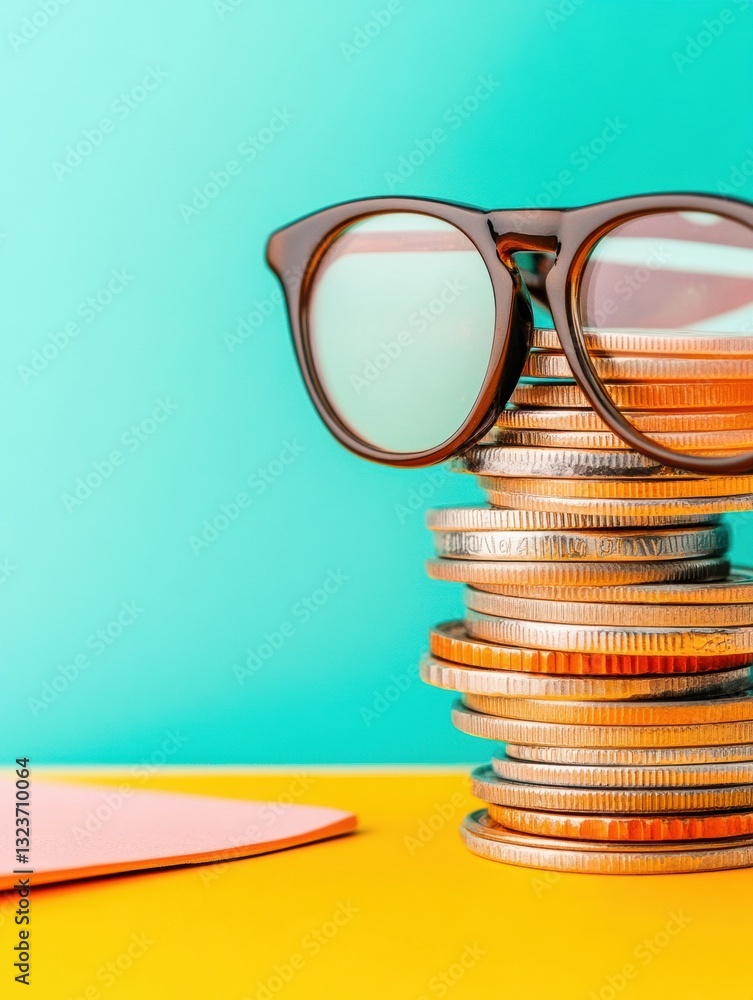 Aufkleber minimalist financial vision bold coin stack visualization with trendsetting eyewear - strategic inve