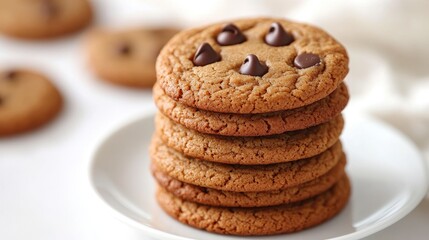 A stack of warm, golden peanut butter cookies, each adorned with a chocolate chip, nestles invitingly on a crisp white background, ready for a moment of pure cookie bliss, perfect for any hour.