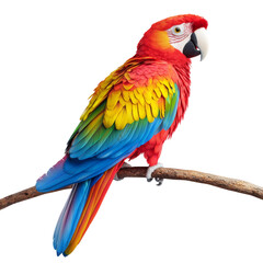 Fototapeta premium Vibrant parrot perched on branch, showcasing colorful feathers in red, yellow, and blue. stunning representation of avian beauty