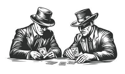 Two poker players in suits and hats, playing cards, vector, linear style icons set.