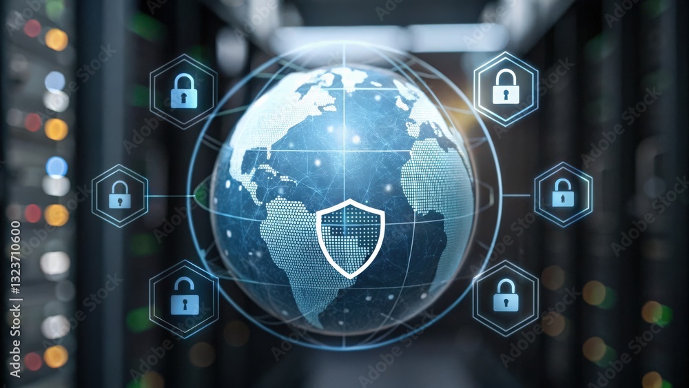 Poster cyber security ransomware prevention concept. digital globe with security symbols and servers in the