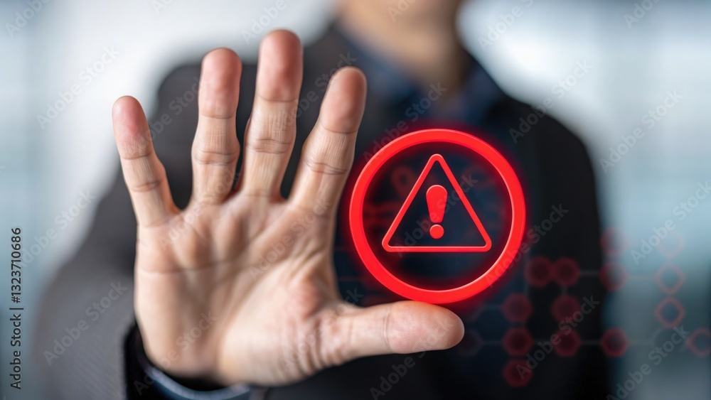 Aufkleber cyber security ransomware prevention concept. a hand signals a warning symbol on a digital interface