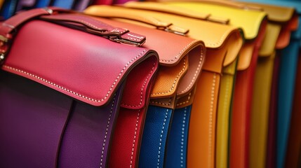 A vibrant display of leather bags, each boasting a unique shade of the spectrum, showcasing the harmonious blend of modern design and impeccable craftsmanship.