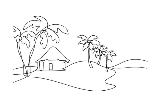 recommend clip art: Tropical Island Cottage Scene One Line Drawing, Palm Trees, Beach Hut