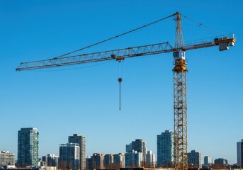 Construction Crane Against Clear Blue Sky Over Urban Buildings