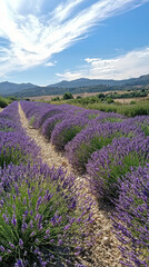 Obraz premium Lavender Field's Serenity: Rows of blooming lavender stretch into the distance, under a clear blue sky dotted with soft clouds, painting a picturesque scene of tranquility and natural beauty.