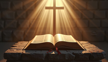 a sacred Bible placed on a stone altar, illuminated by heavenly beams of light breaking through the darkness
