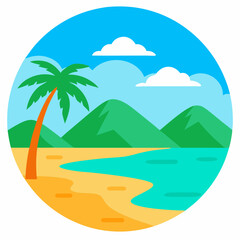 Sea sandy beach with palm trees, sea and mountain vector on white background.